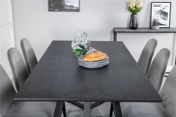 MarinaBLBL spisegruppe spisebord svart og 6 Polar spisestuestoler velour grå.