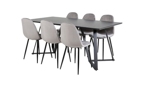 MarinaBLBL spisegruppe spisebord svart og 6 Polar spisestuestoler velour grå.