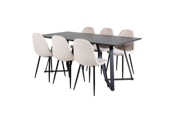 MarinaBLBL spisegruppe spisebord svart og 6 Polar spisestuestoler velour beige.