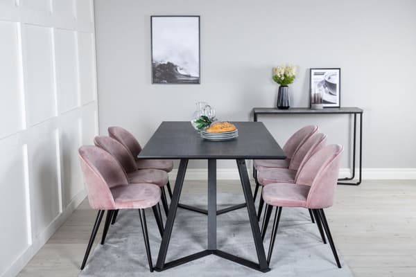MarinaBLBL spisegruppe spisebord svart og 6 Velvet spisestuestoler velour rosa, svart.