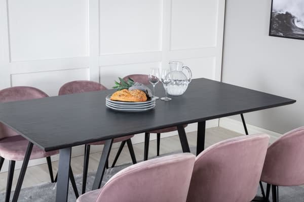 MarinaBLBL spisegruppe spisebord svart og 6 Velvet spisestuestoler velour rosa, svart.