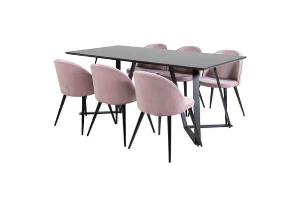 MarinaBLBL spisegruppe spisebord svart og 6 Velvet spisestuestoler velour rosa, svart.