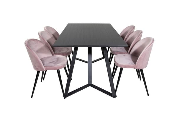 MarinaBLBL spisegruppe spisebord svart og 6 Velvet spisestuestoler velour rosa, svart.
