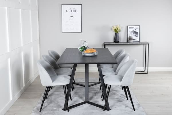 MarinaBLBL spisegruppe spisebord svart og 6 Velvet spisestuestoler fløyel lysegrå, svart.
