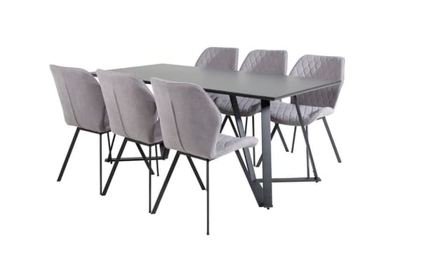 MarinaBLBL spisegruppe spisebord svart og 6 Gemma spisestuestoler grå.