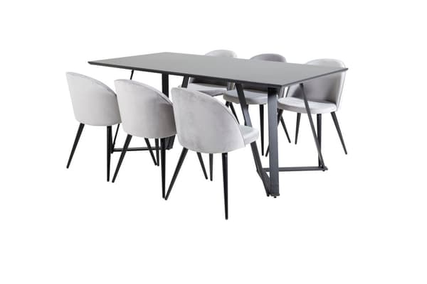 MarinaBLBL spisegruppe spisebord svart og 6 Velvet spisestuestoler velour lysegrå.