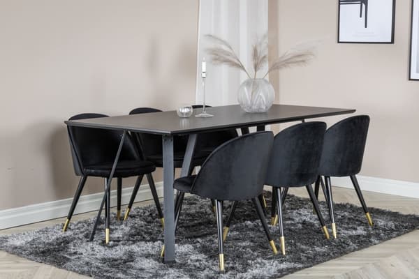 MarinaBLBL spisegruppe spisebord svart og 6 Velvet spisestuestoler velour svart, messing dekor.