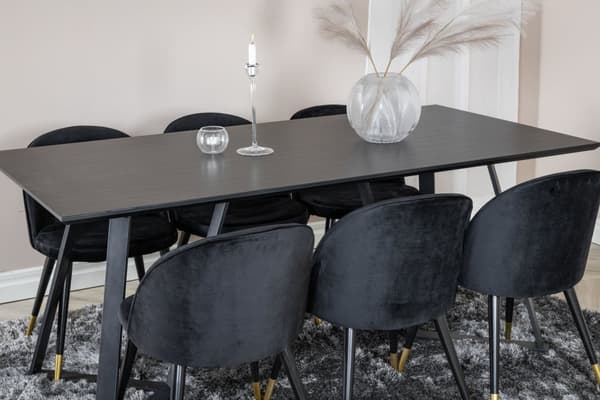 MarinaBLBL spisegruppe spisebord svart og 6 Velvet spisestuestoler velour svart, messing dekor.