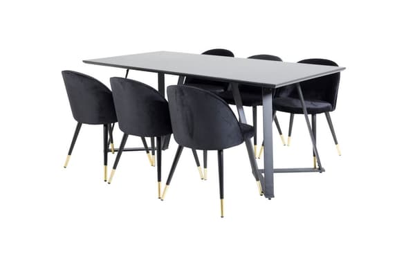 MarinaBLBL spisegruppe spisebord svart og 6 Velvet spisestuestoler velour svart, messing dekor.