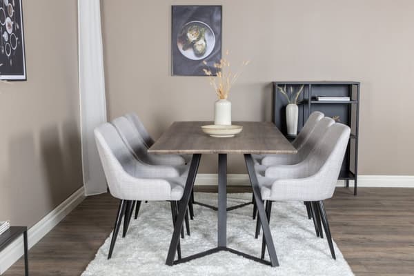 MarinaGRBL spisegruppe spisebord el tre dekor grå og 6 Plaza spisestuestoler lysegrå, svart.