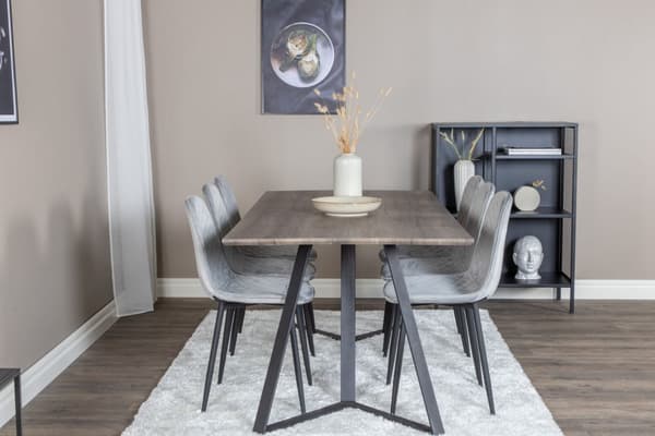 MarinaGRBL spisegruppe spisebord el tre dekor grå og 6 Polar Diamond spisestuestoler velour grå.