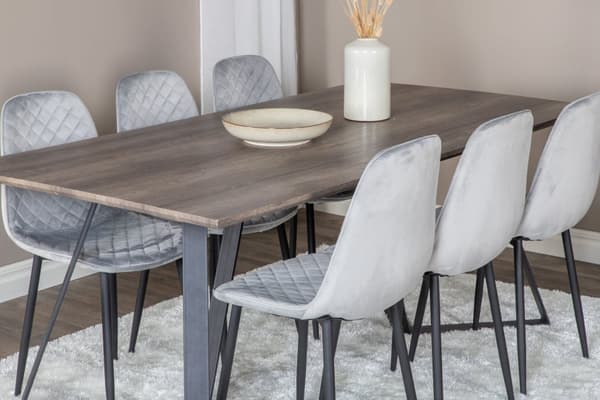 MarinaGRBL spisegruppe spisebord el tre dekor grå og 6 Polar Diamond spisestuestoler velour grå.