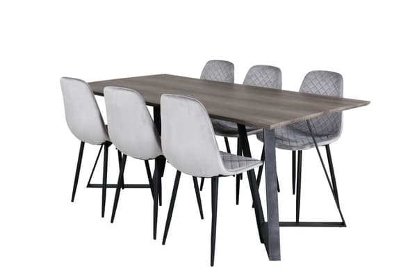 MarinaGRBL spisegruppe spisebord el tre dekor grå og 6 Polar Diamond spisestuestoler velour grå.