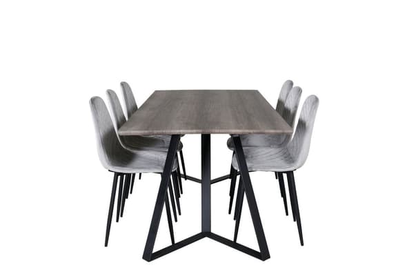MarinaGRBL spisegruppe spisebord el tre dekor grå og 6 Polar Diamond spisestuestoler velour grå.