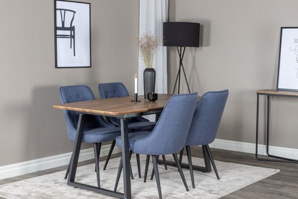 IncaNABL spisegruppe spisebord uttrekksbord lengde cm 160 / 200 el tre dekor og 4 Velvet Deluxe spisestuestoler blå, svart.