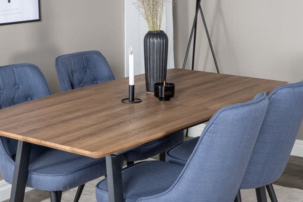 IncaNABL spisegruppe spisebord uttrekksbord lengde cm 160 / 200 el tre dekor og 4 Velvet Deluxe spisestuestoler blå, svart.