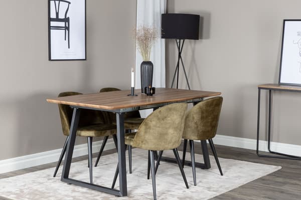 IncaNABL spisegruppe spisebord uttrekksbord lengde cm 160 / 200 el tre dekor og 4 Velvet spisestuestoler velour grønn, svart.