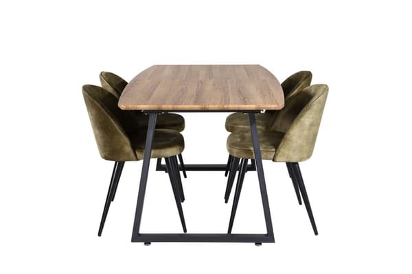 IncaNABL spisegruppe spisebord uttrekksbord lengde cm 160 / 200 el tre dekor og 4 Velvet spisestuestoler velour grønn, svart.