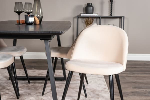 IncaBLBL spisegruppe spisebord uttrekksbord lengde cm 160 / 200 svart og 4 Velvet spisestuestoler velour beige, svart.