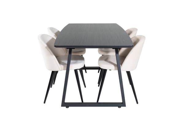 IncaBLBL spisegruppe spisebord uttrekksbord lengde cm 160 / 200 svart og 4 Velvet spisestuestoler velour beige, svart.