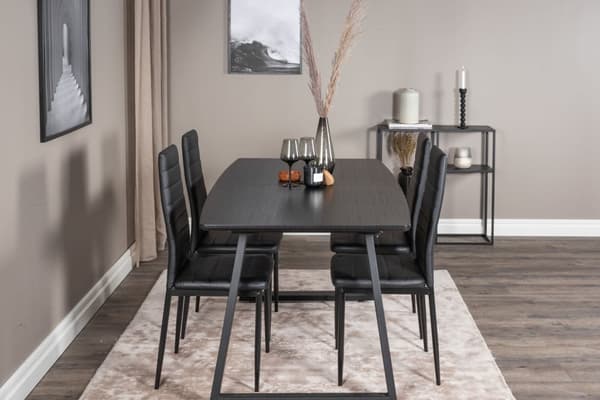 IncaBLBL spisegruppe spisebord uttrekksbord lengde cm 160 / 200 svart og 4 Slim High Back spisestuestoler PU kunstskinn svart.