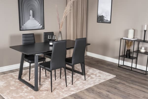 IncaBLBL spisegruppe spisebord uttrekksbord lengde cm 160 / 200 svart og 4 Slim High Back spisestuestoler PU kunstskinn svart.