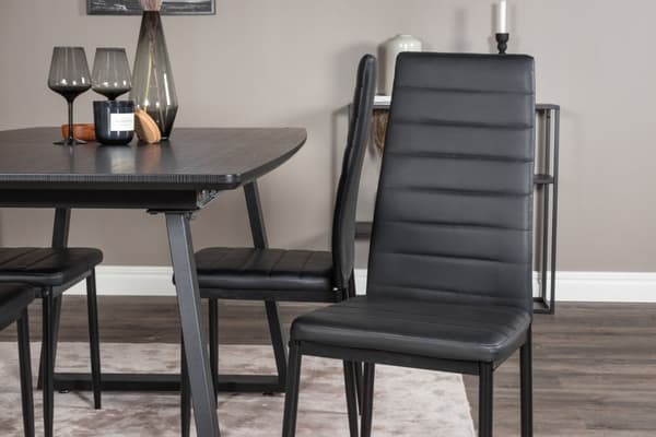 IncaBLBL spisegruppe spisebord uttrekksbord lengde cm 160 / 200 svart og 4 Slim High Back spisestuestoler PU kunstskinn svart.
