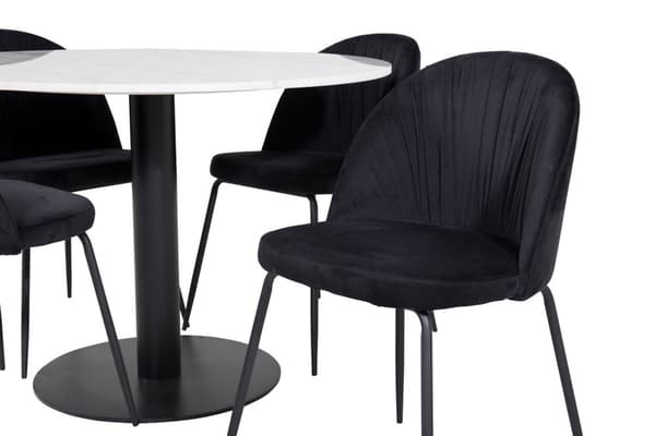 EstelleØ106WHBL spisegruppe spisebord hvit, marmor og 4 Wrinkles spisestuestoler velour svart.