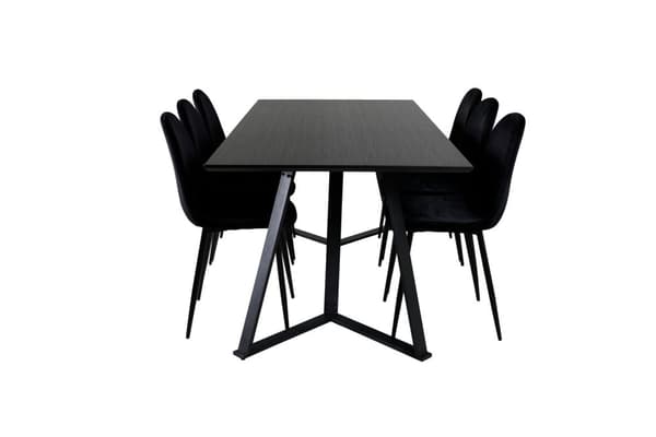 MarinaBLBL spisegruppe spisebord svart og 6 Polar spisestuestoler velour svart.