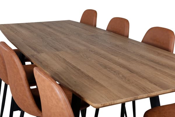 IncaNABL spisegruppe spisebord uttrekksbord lengde cm 160 / 200 el tre dekor og 8 Polar spisestuestoler PU kunstskinn brun.