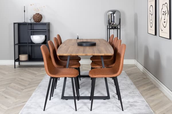 IncaNABL spisegruppe spisebord uttrekksbord lengde cm 160 / 200 el tre dekor og 8 Polar spisestuestoler PU kunstskinn brun.