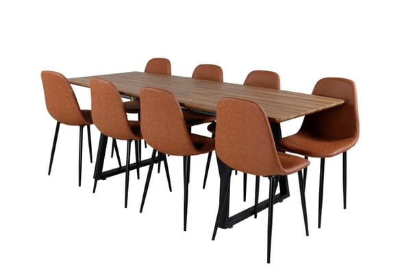 IncaNABL spisegruppe spisebord uttrekksbord lengde cm 160 / 200 el tre dekor og 8 Polar spisestuestoler PU kunstskinn brun.
