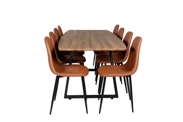 IncaNABL spisegruppe spisebord uttrekksbord lengde cm 160 / 200 el tre dekor og 8 Polar spisestuestoler PU kunstskinn brun.
