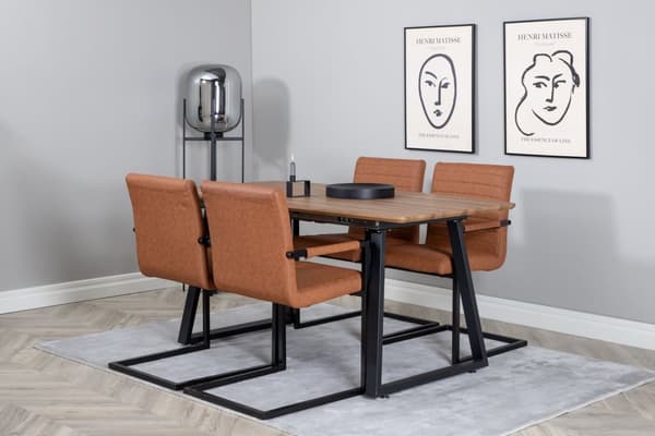 IncaNABL spisegruppe spisebord uttrekksbord lengde cm 160 / 200 el tre dekor og 4 Art spisestuestoler PU kunstskinn brun.