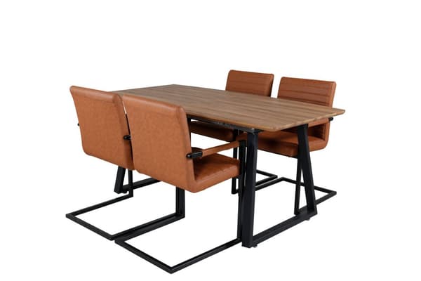 IncaNABL spisegruppe spisebord uttrekksbord lengde cm 160 / 200 el tre dekor og 4 Art spisestuestoler PU kunstskinn brun.