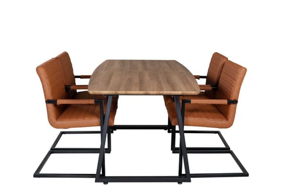 IncaNABL spisegruppe spisebord uttrekksbord lengde cm 160 / 200 el tre dekor og 4 Art spisestuestoler PU kunstskinn brun.