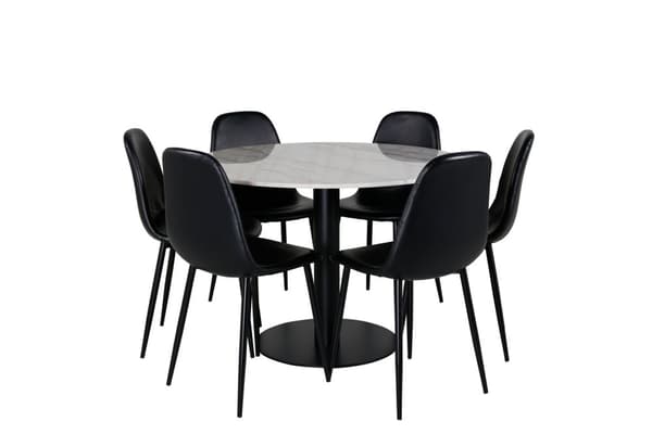 EstelleØ106WHBL spisegruppe spisebord hvit, marmor og 6 Polar spisestuestoler svart PU kunstskinn.