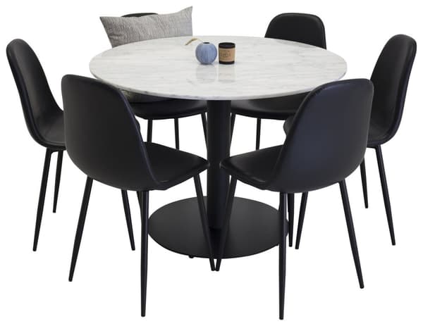 EstelleØ106WHBL spisegruppe spisebord hvit, marmor og 6 Polar spisestuestoler svart PU kunstskinn.