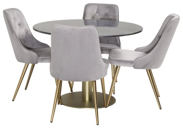 EstelleØ106BLBR spisegruppe spisebord svart, marmor og 4 Velvet Deluxe spisestuestoler velour lysegrå, messing dekor.