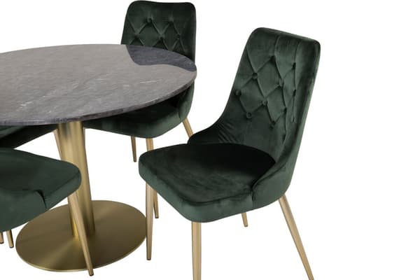 EstelleØ106BLBR matgrupp svart, marmor och 4 Velvet Deluxe matstola velour grön, mässing dekor.