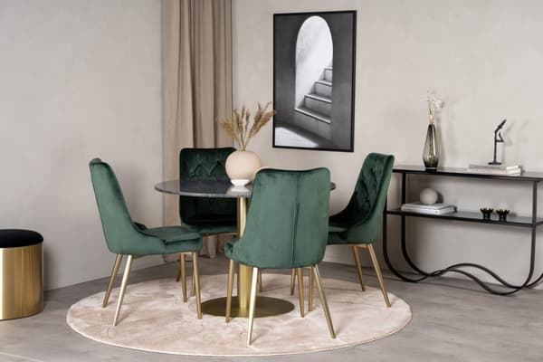 EstelleØ106BLBR matgrupp svart, marmor och 4 Velvet Deluxe matstola velour grön, mässing dekor.