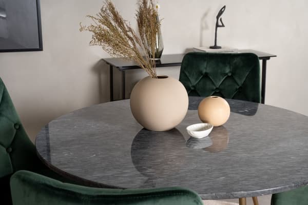 EstelleØ106BLBR matgrupp svart, marmor och 4 Velvet Deluxe matstola velour grön, mässing dekor.
