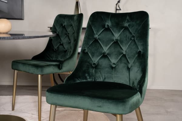 EstelleØ106BLBR matgrupp svart, marmor och 4 Velvet Deluxe matstola velour grön, mässing dekor.