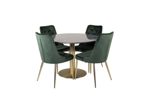 EstelleØ106BLBR matgrupp svart, marmor och 4 Velvet Deluxe matstola velour grön, mässing dekor.
