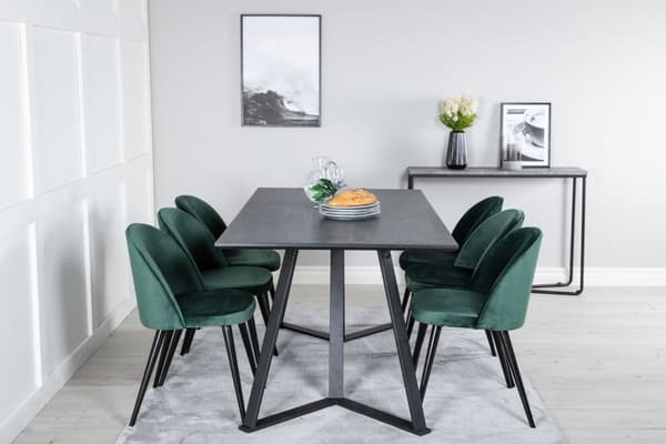 MarinaBLBL spisebordssæt spisebord sort og 6 Velvet stole velour grøn, sort.