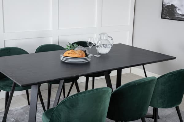MarinaBLBL spisebordssæt spisebord sort og 6 Velvet stole velour grøn, sort.