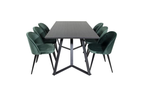 MarinaBLBL spisebordssæt spisebord sort og 6 Velvet stole velour grøn, sort.