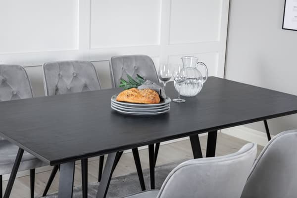 MarinaBLBL matgrupp  svart och 6 Velvet Deluxe matstola velour ljusgrått.