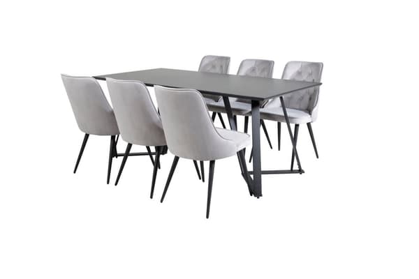 MarinaBLBL matgrupp  svart och 6 Velvet Deluxe matstola velour ljusgrått.
