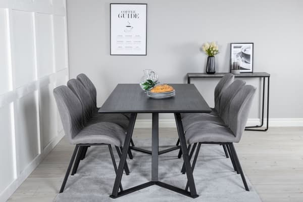 MarinaBLBL spisebordssæt spisebord sort og 6 Gemma stole grå.